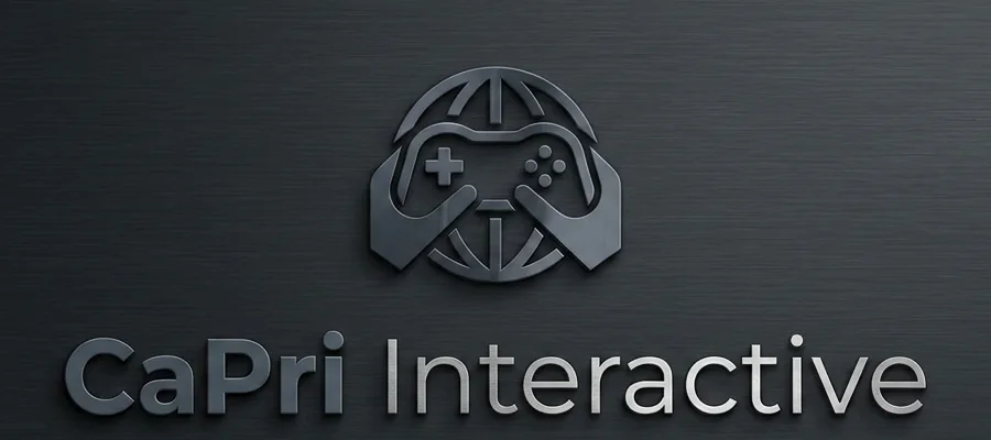 CaPri Interactive logo: two hands holding a game controller over a globe
